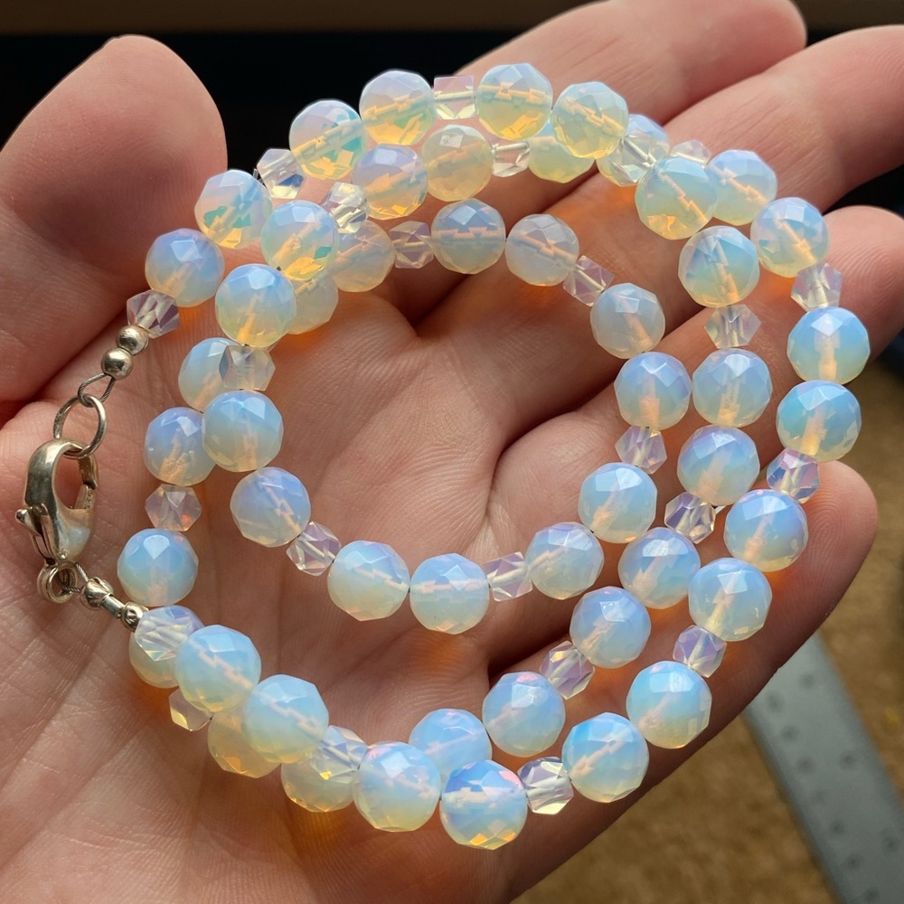 Sterling Silver 925 Opaline Beaded Gemstone Necklace